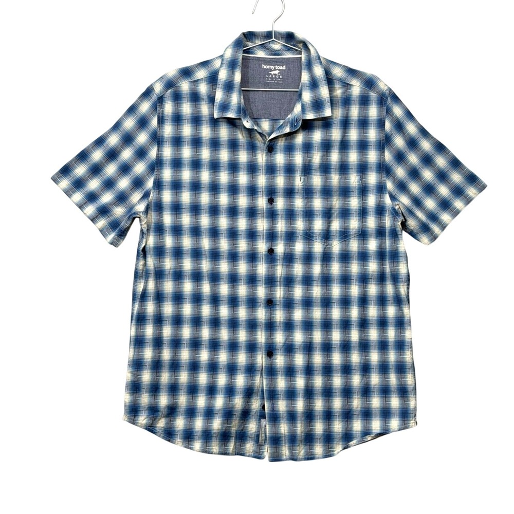 Horny Toad Open Air Shirt Mens Large Blue Plaid Organic Cotton Short Sleeve